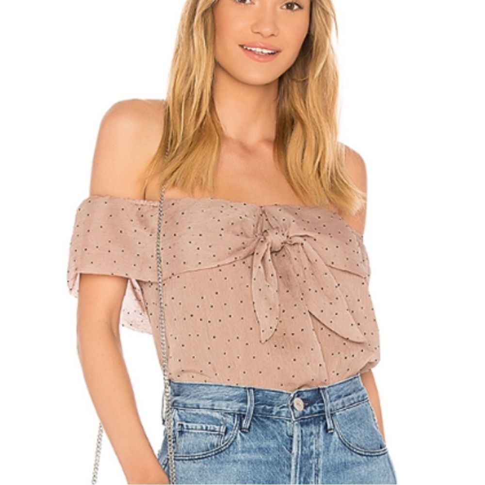 Line & Dot Off Shoulder Buff Black Polka Dot Top Sz L NWT